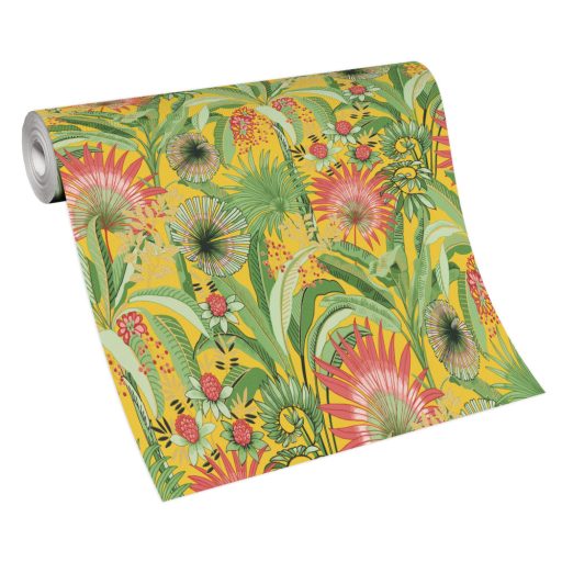 Dekoratív és fantáziadús egzotikus növények és virágaik sárga zöld mályva és fekete tónusok tapéta