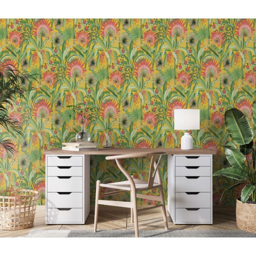 Dekoratív és fantáziadús egzotikus növények és virágaik sárga zöld mályva és fekete tónusok tapéta