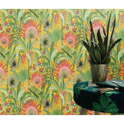 Dekoratív és fantáziadús egzotikus növények és virágaik sárga zöld mályva és fekete tónusok tapéta
