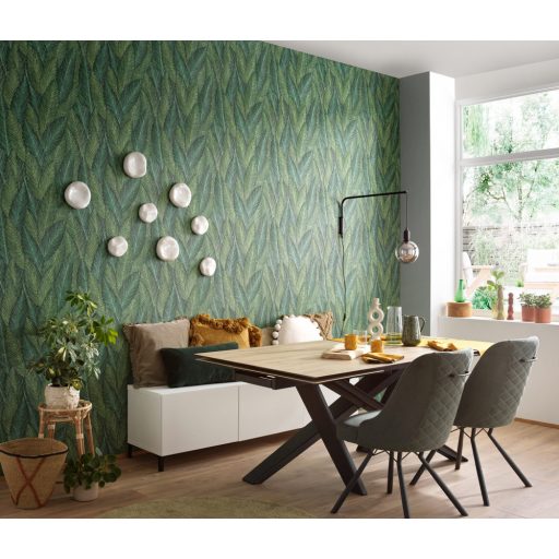 Markáns megjelenésű intenzív 3D trópusi erezett levélminta zöld olívzöld és szürke tónusok tapéta