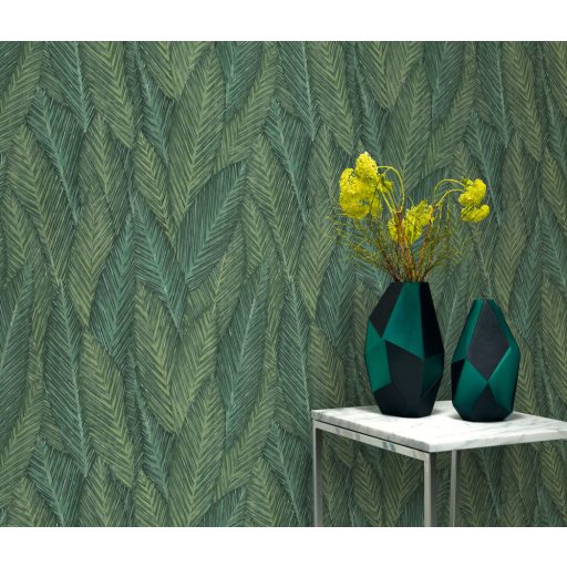 Markáns megjelenésű intenzív 3D trópusi erezett levélminta zöld olívzöld és szürke tónusok tapéta