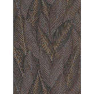   Markáns megjelenésű intenzív 3D trópusi erezett levélminta barna szürkésbarna sárga fekete és ezüstszürke tónusok tapéta