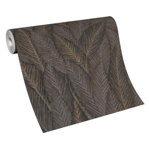 Markáns megjelenésű intenzív 3D trópusi erezett levélminta barna szürkésbarna sárga fekete és ezüstszürke tónusok tapéta