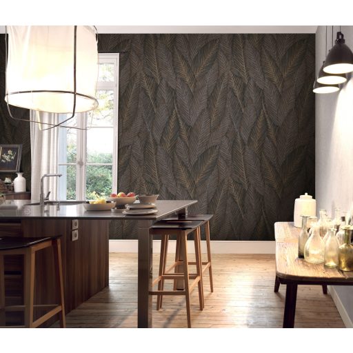 Markáns megjelenésű intenzív 3D trópusi erezett levélminta barna szürkésbarna sárga fekete és ezüstszürke tónusok tapéta