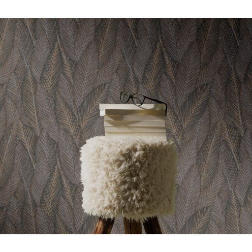 Markáns megjelenésű intenzív 3D trópusi erezett levélminta barna szürkésbarna sárga fekete és ezüstszürke tónusok tapéta