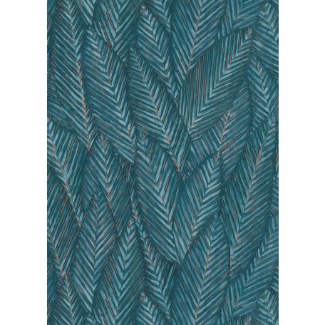 Markáns megjelenésű intenzív 3D trópusi erezett levélminta kék/türkizkék világoskék és rézszín tónusok tapéta