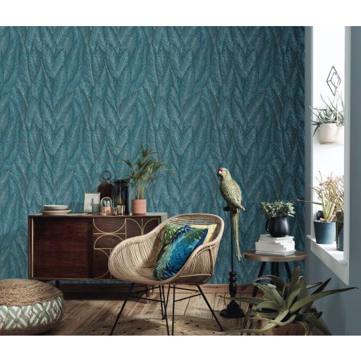 Markáns megjelenésű intenzív 3D trópusi erezett levélminta kék/türkizkék világoskék és rézszín tónusok tapéta