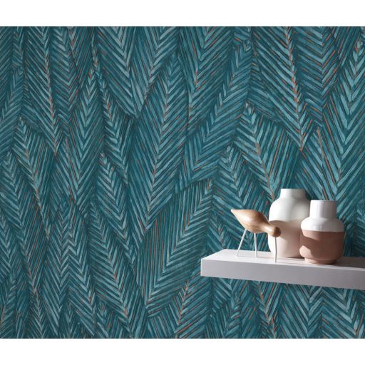 Markáns megjelenésű intenzív 3D trópusi erezett levélminta kék/türkizkék világoskék és rézszín tónusok tapéta