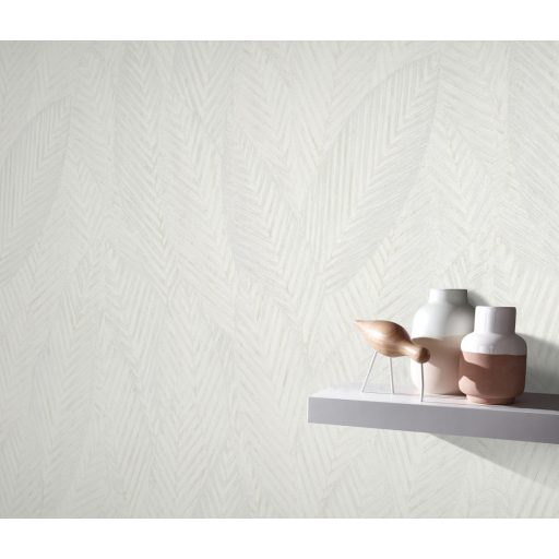 Markáns megjelenésű intenzív 3D trópusi erezett levélminta krém és krémszürke tónusok tapéta