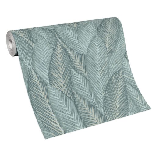 Markáns megjelenésű intenzív 3D trópusi erezett levélminta zöld szürkészöld és bézs tónusok tapéta