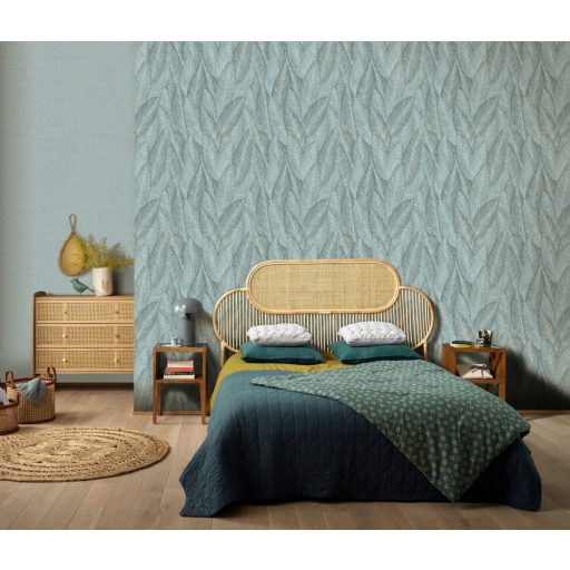 Markáns megjelenésű intenzív 3D trópusi erezett levélminta zöld szürkészöld és bézs tónusok tapéta