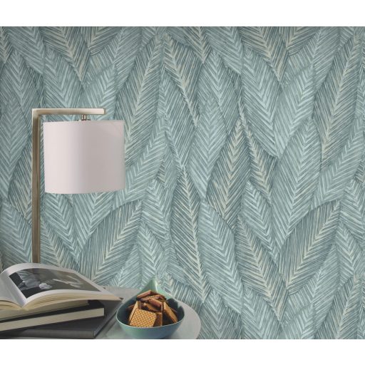 Markáns megjelenésű intenzív 3D trópusi erezett levélminta zöld szürkészöld és bézs tónusok tapéta