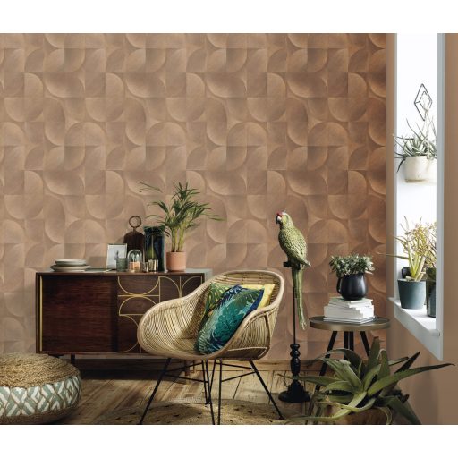 Lekerekített mértani elemek ötletes elrendezésben barna és aranybarna tónus fémes szálcsiszolt felület tapéta