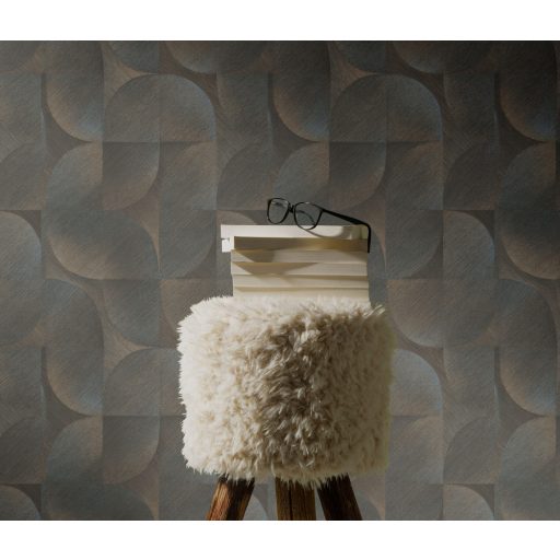 Lekerekített mértani elemek ötletes elrendezésben sötétszürke barna aranybarna kék és ezüst tónus fémes szálcsiszolt felület tapéta