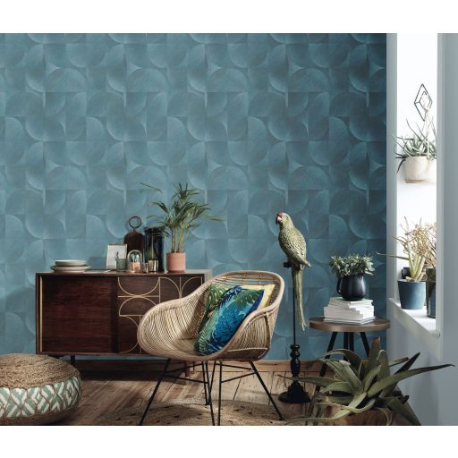 Lekerekített mértani elemek ötletes elrendezésben türkizkék zöldeskék és ezüst tónus fémes szálcsiszolt felület tapéta