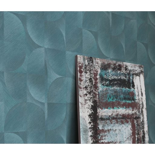 Lekerekített mértani elemek ötletes elrendezésben türkizkék zöldeskék és ezüst tónus fémes szálcsiszolt felület tapéta