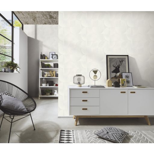 Lekerekített mértani elemek ötletes elrendezésben krém és krémszürke tónus fémes szálcsiszolt felület tapéta