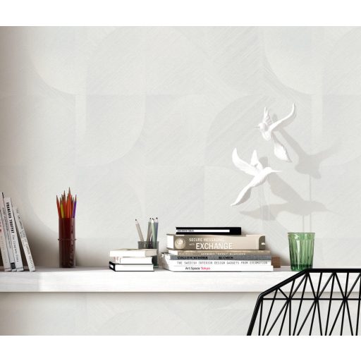 Lekerekített mértani elemek ötletes elrendezésben krém és krémszürke tónus fémes szálcsiszolt felület tapéta