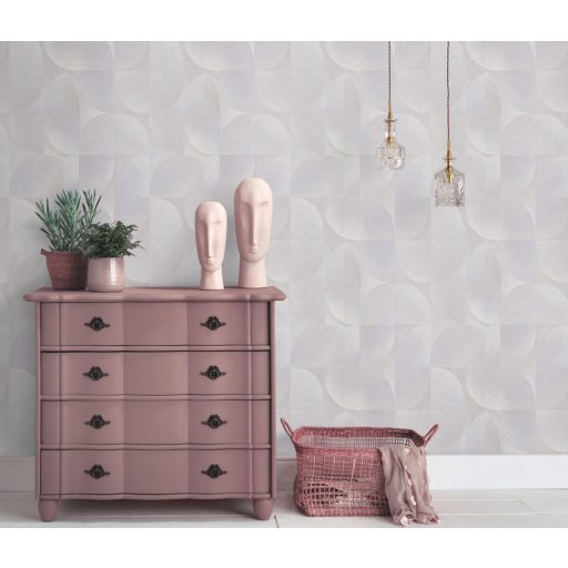 Lekerekített mértani elemek ötletes elrendezésben szürkésbézs szürkésbarna és szürkéslila tónus fémes szálcsiszolt felület tapéta