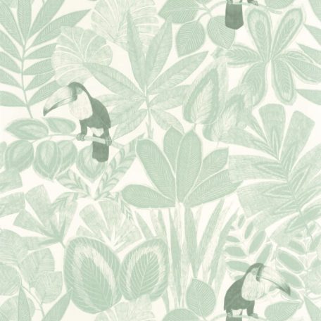 A növény és állatvilág harmóniája - kíváncsi tukánok sűrű levelek közt fehér és vízzöld tónus tapéta