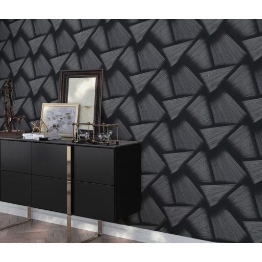 Vonzódás és összefonódás! Művészien kifejező grafikus 3D minta fekete és ezüstszürke tónus csillogó mintafelület tapéta