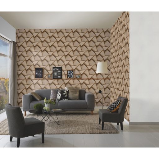 Vonzódás és összefonódás! Művészien kifejező grafikus 3D minta barna aranybarna és arany tónus csillogó mintafelület tapéta