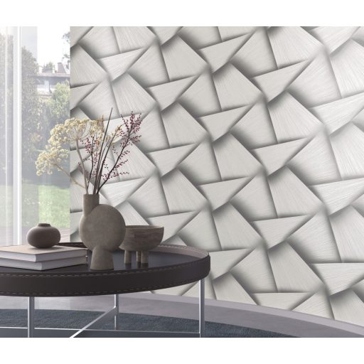 Vonzódás és összefonódás! Művészien kifejező grafikus 3D minta szürke ezüstszürke és fehérezüst tónus csillogó mintafelület tapéta