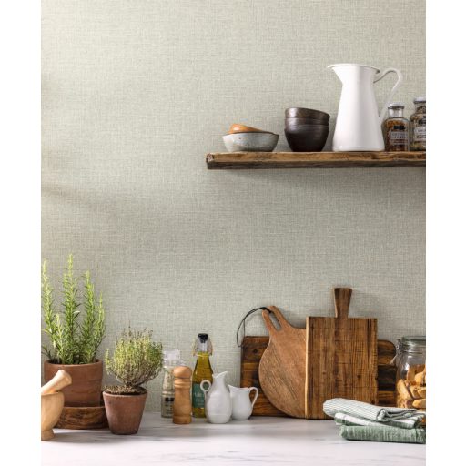 Természetes növényi textíliával - Juta - tervezett egyszínű strukturált minta szürkészöld tónus tapéta