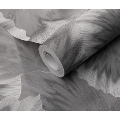 Anyagában mintás kifinomult és harmonikus 3D levélmotívum szürke ezüst és fehérezüst tónus finom csillogás tapéta