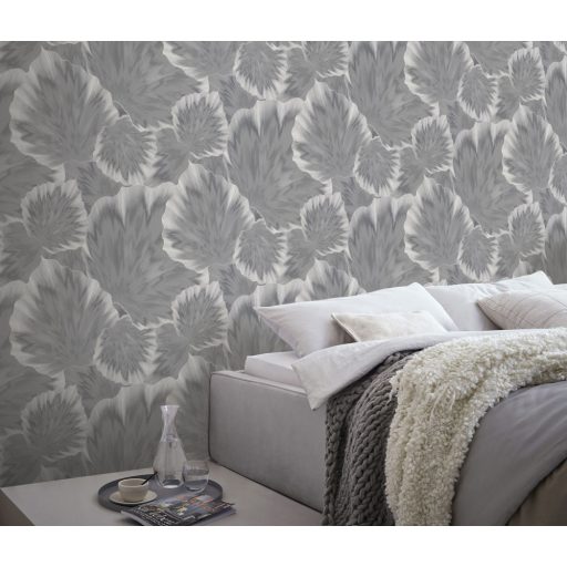 Anyagában mintás kifinomult és harmonikus 3D levélmotívum szürke ezüst és fehérezüst tónus finom csillogás tapéta