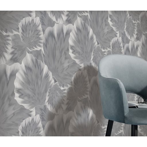 Anyagában mintás kifinomult és harmonikus 3D levélmotívum szürke ezüst és fehérezüst tónus finom csillogás tapéta