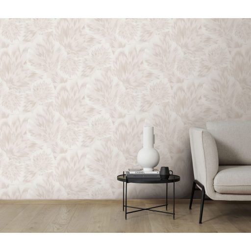 Anyagában mintás kifinomult és harmonikus 3D levélmotívum krém és bézs tónus finom csillogás tapéta