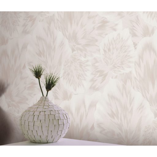 Anyagában mintás kifinomult és harmonikus 3D levélmotívum krém és bézs tónus finom csillogás tapéta