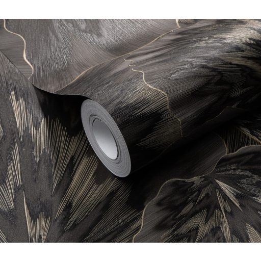 Anyagában mintás kifinomult és harmonikus 3D levélmotívum sötétbarna antracit és arany tónus finom csillogás tapéta