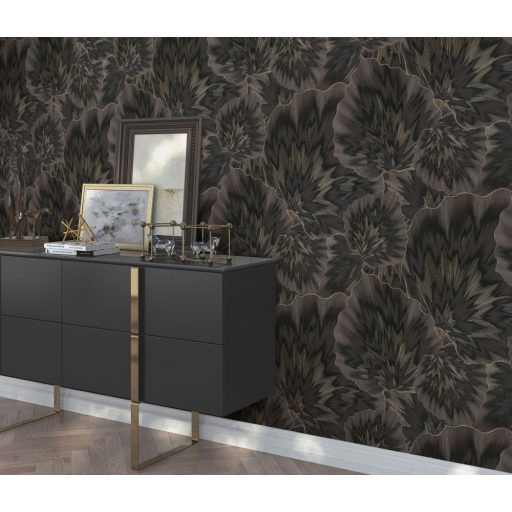 Anyagában mintás kifinomult és harmonikus 3D levélmotívum sötétbarna antracit és arany tónus finom csillogás tapéta