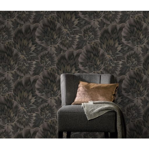 Anyagában mintás kifinomult és harmonikus 3D levélmotívum sötétbarna antracit és arany tónus finom csillogás tapéta