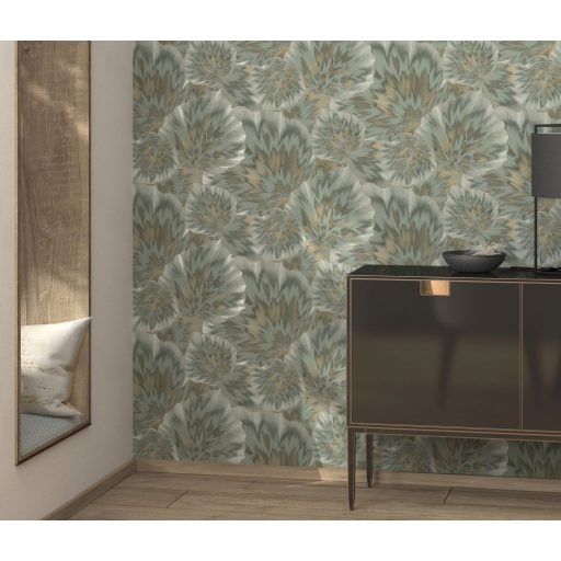 Anyagában mintás kifinomult és harmonikus 3D levélmotívum zöld szürkésfehér és arany tónus finom csillogás tapéta