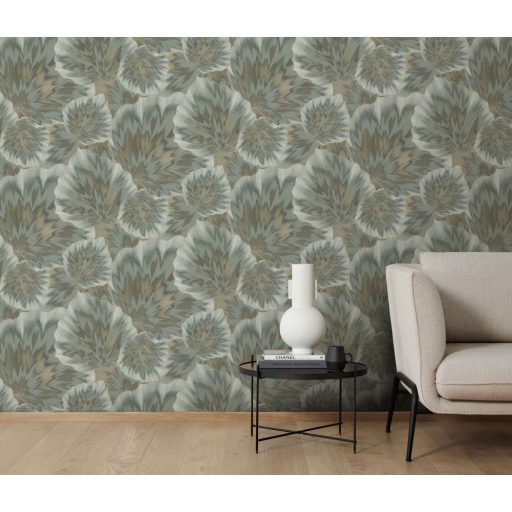 Anyagában mintás kifinomult és harmonikus 3D levélmotívum zöld szürkésfehér és arany tónus finom csillogás tapéta