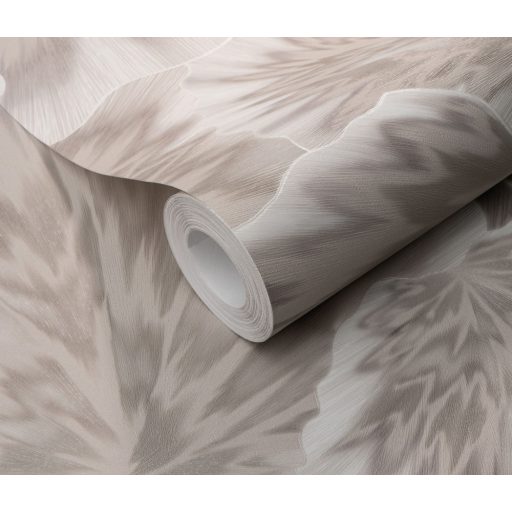 Anyagában mintás kifinomult és harmonikus 3D levélmotívum szürke szürkésbarna és törtfehér tónus finom csillogás tapéta