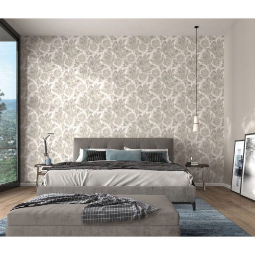 Anyagában mintás kifinomult és harmonikus 3D levélmotívum szürke szürkésbarna és törtfehér tónus finom csillogás tapéta