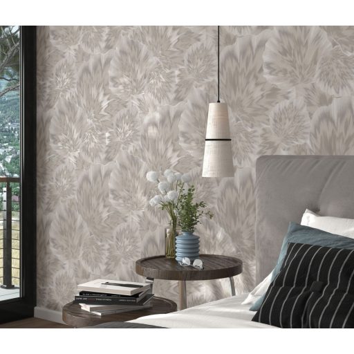 Anyagában mintás kifinomult és harmonikus 3D levélmotívum szürke szürkésbarna és törtfehér tónus finom csillogás tapéta
