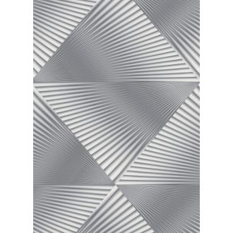   Legyezőszerűen megformált nagyléptékű háromszögek 3D mintája szürke ezüst és fehérezüst tónus finom mintafény tapéta