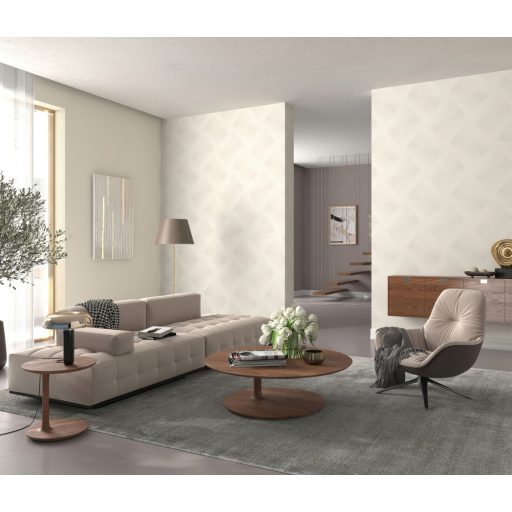 Legyezőszerűen megformált nagyléptékű háromszögek 3D mintája krém és világosbézs tónus finom mintafény tapéta