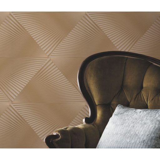 Legyezőszerűen megformált nagyléptékű háromszögek 3D mintája arany tónus finom mintafény tapéta