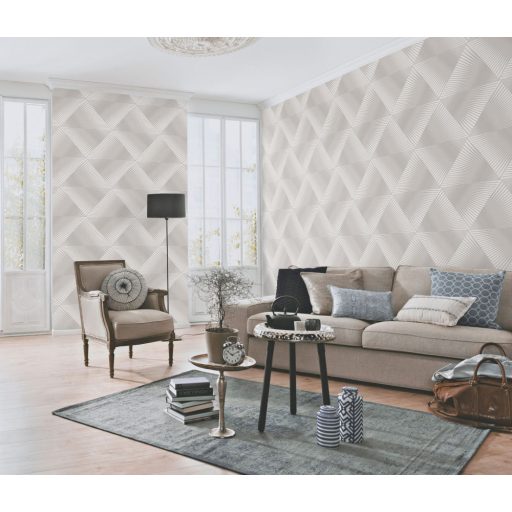 Legyezőszerűen megformált nagyléptékű háromszögek 3D mintája szürkésbézs és szürkésbarna tónus finom mintafény tapéta