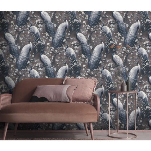 Fenséges pávák tündökölnek cseresznyevirág ágakon barna szürke fekete és fehér tónus tapéta