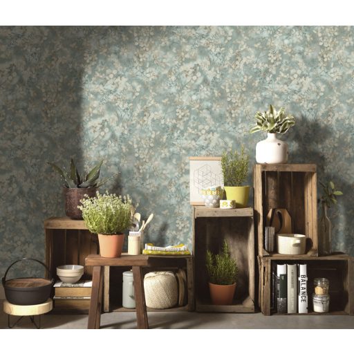 Finom ágakon nyíló varázslatos bodzavirágok a reggeli harmatban krém barna szürke kékeszöld és zöld tónus tapéta