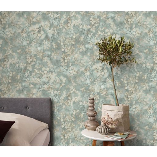 Finom ágakon nyíló varázslatos bodzavirágok a reggeli harmatban krém barna szürke kékeszöld és zöld tónus tapéta