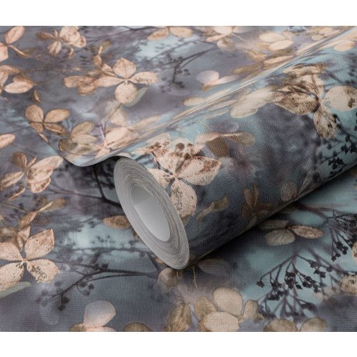 Finom ágakon nyíló varázslatos bodzavirágok a reggeli harmatban kék barna szürke szürkésbarna és fekete tónus tapéta