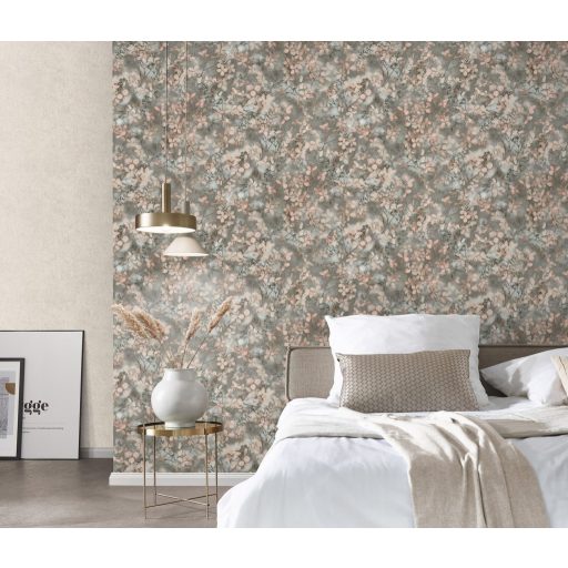 Finom ágakon nyíló varázslatos bodzavirágok a reggeli harmatban szürkésbarna szürke rózsaszín és zöldeskék tónus tapéta